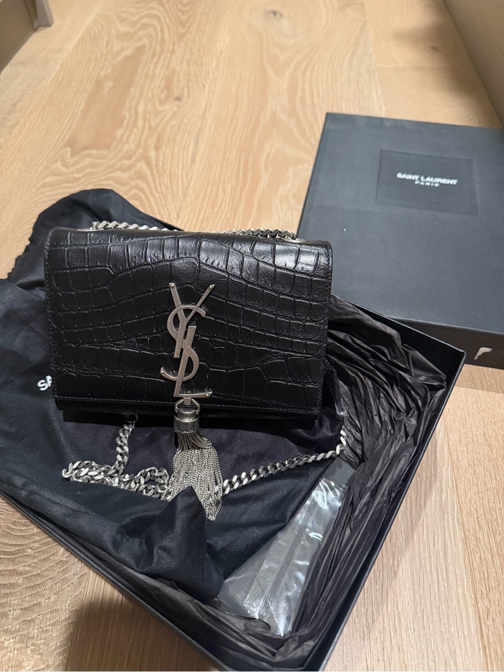 Saint Laurent Black Croc-Embossed Kate Tassel Chain Shoulder Bag